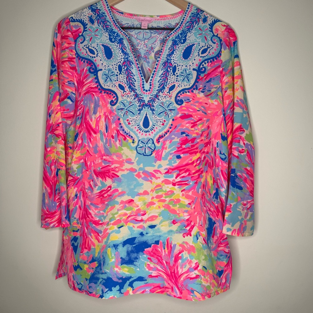 Lilly Pulitzer Renato Dinner Tunic, PALM BEACH CORAL, Size XS, 100% Silk